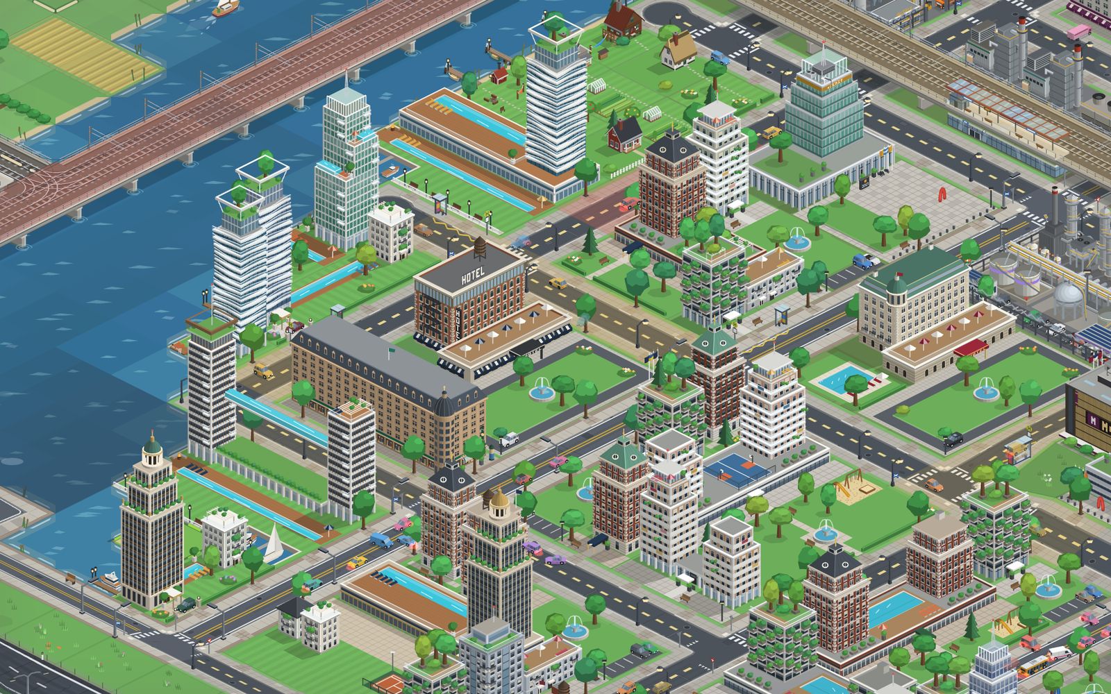 Morning rush hour in a Tildown city with high-rises, a hotel and many cars on the streets