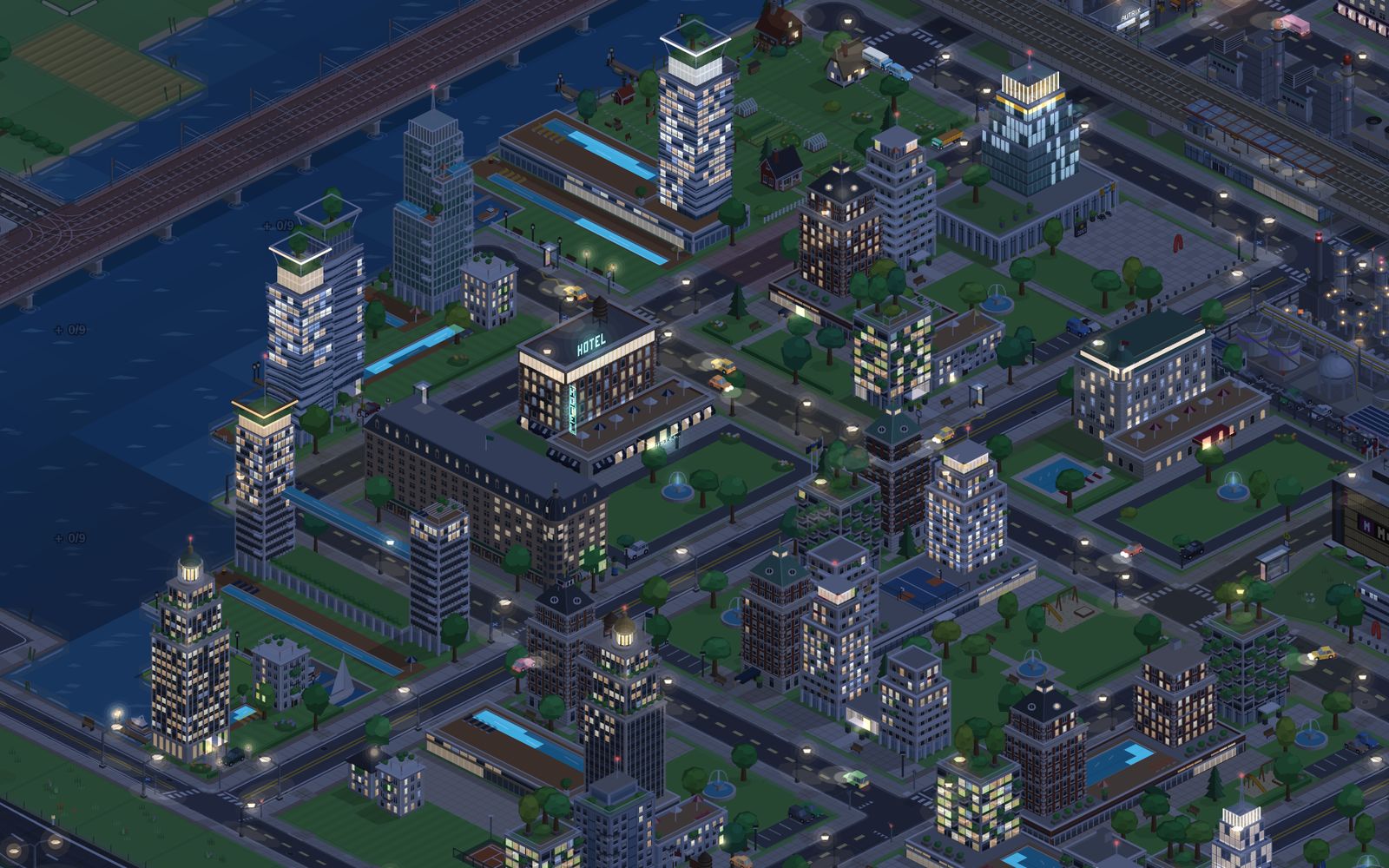 The same city at night with lit windows and only a few cars with headlights