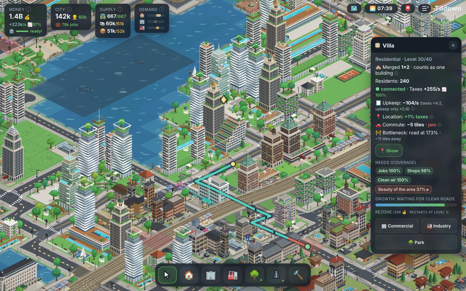 A tapped villa with its commute drawn in, turning red at the end; the building panel names the bottleneck at 173 percent