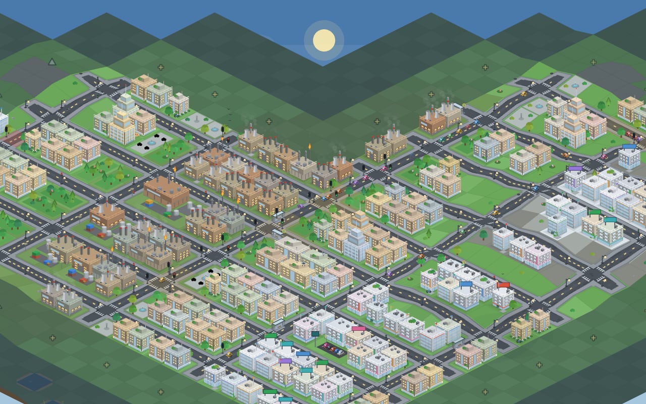 Tildown: eine wachsende Stadt aus der Vogelperspektive mit Straßen, Wohnvierteln, Gewerbe und Parks im gemütlichen Pixel-Look.