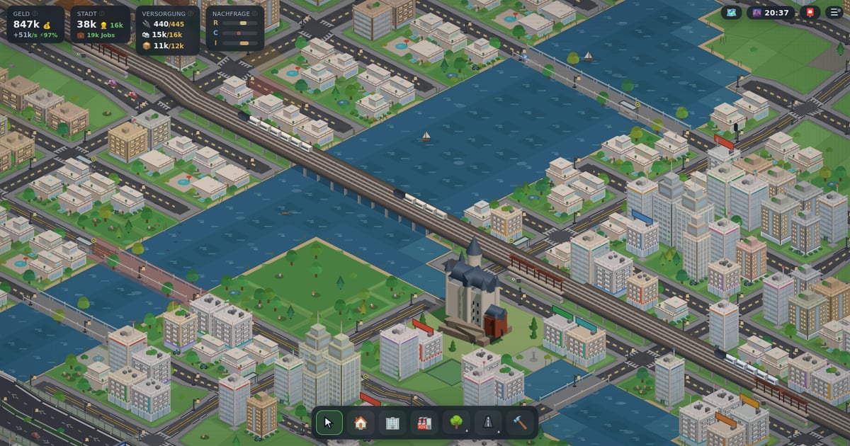 Eine Stadt in Tildown zur goldenen Stunde: ein Wahrzeichen am Ufer, die Hochbahn über dem Fluss und ein großer Park.