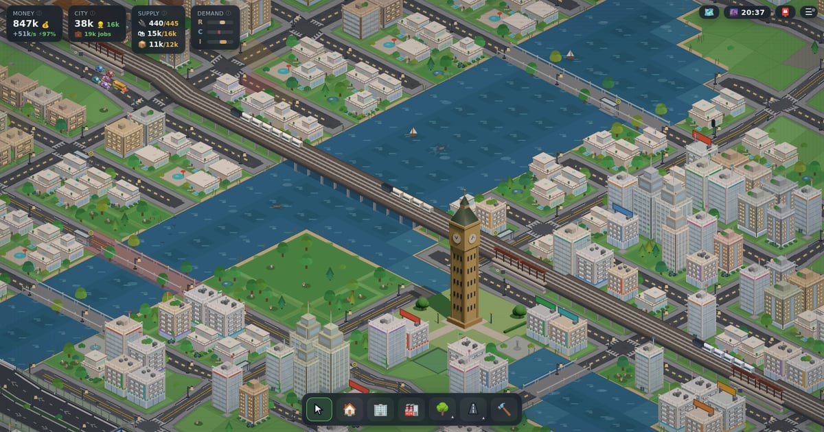 A city in Tildown at golden hour: a landmark on the bank, the elevated railway over the river and a large park.
