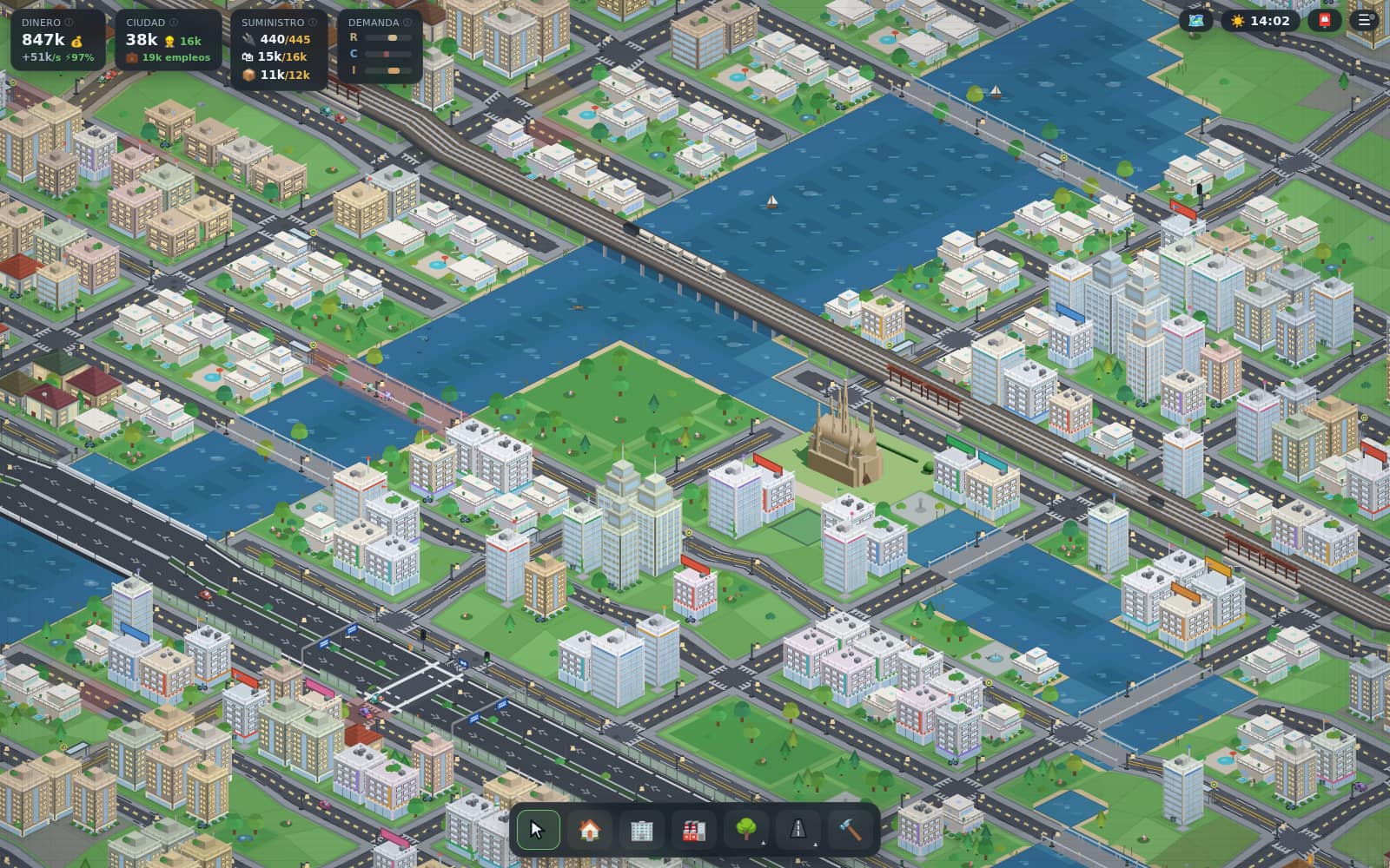 Una ciudad en Tildown con carreteras, barrios residenciales, tiendas y parques.