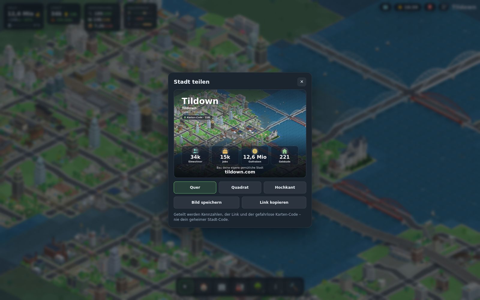 Tildown: Das Fenster „Stadt teilen“ mit einer Postkarte der Stadt, drei Formaten und dem Hinweis, dass nur Kennzahlen, Link und Karten-Code geteilt werden, nie der Stadt-Code.