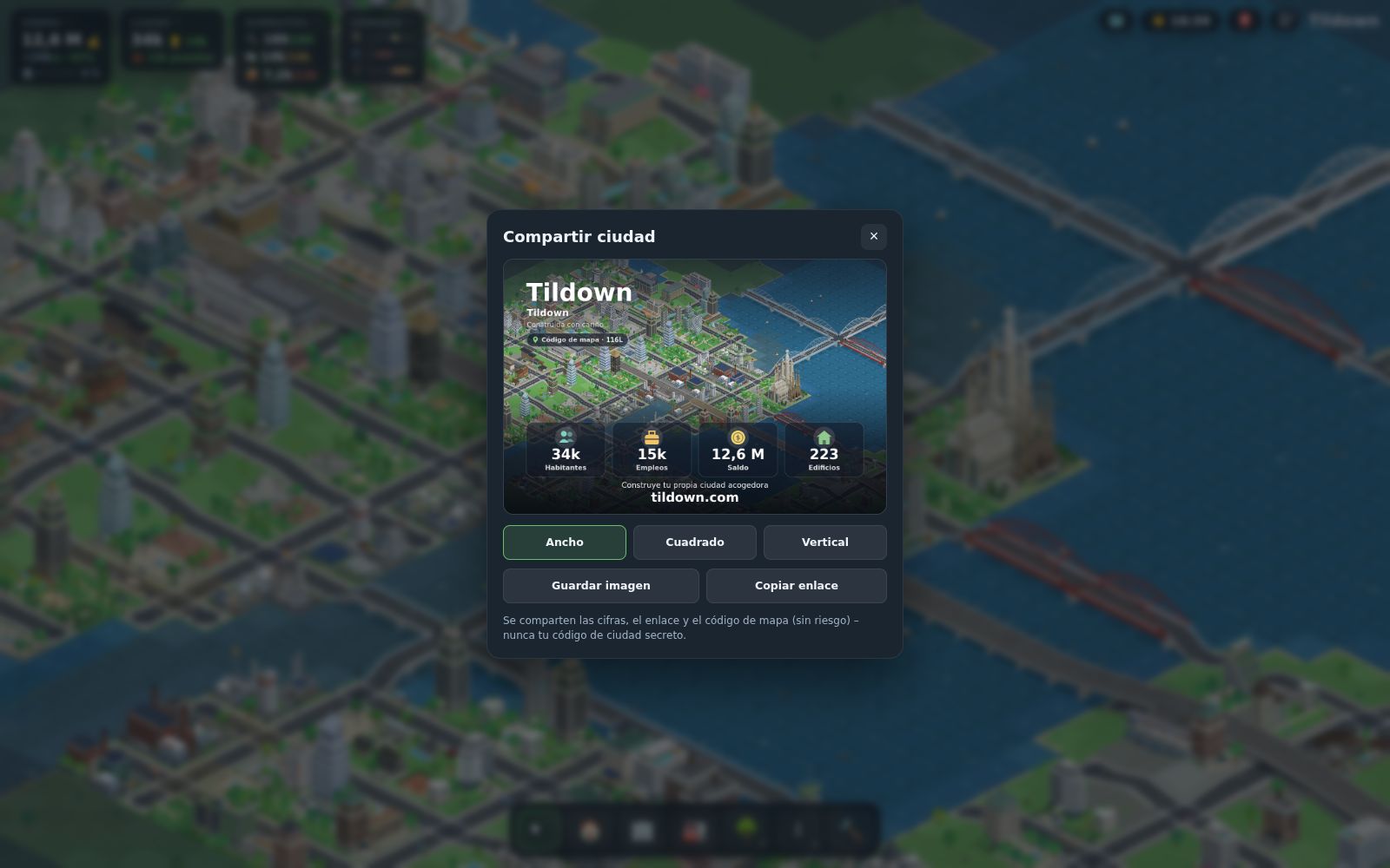 Tildown: la ventana «Compartir ciudad» con una postal de la ciudad, tres formatos y la nota de que solo se comparten cifras, enlace y código de mapa, nunca el código de ciudad.