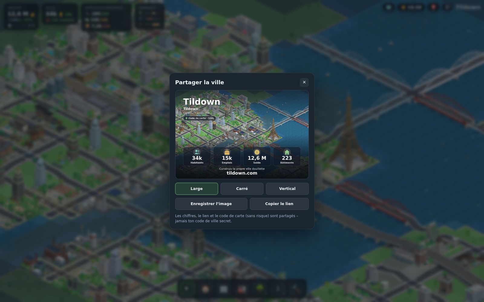Tildown : la fenêtre « Partager la ville » avec une carte postale de la ville, trois formats et la mention que seuls les chiffres, le lien et le code de carte sont partagés, jamais le code de ville.