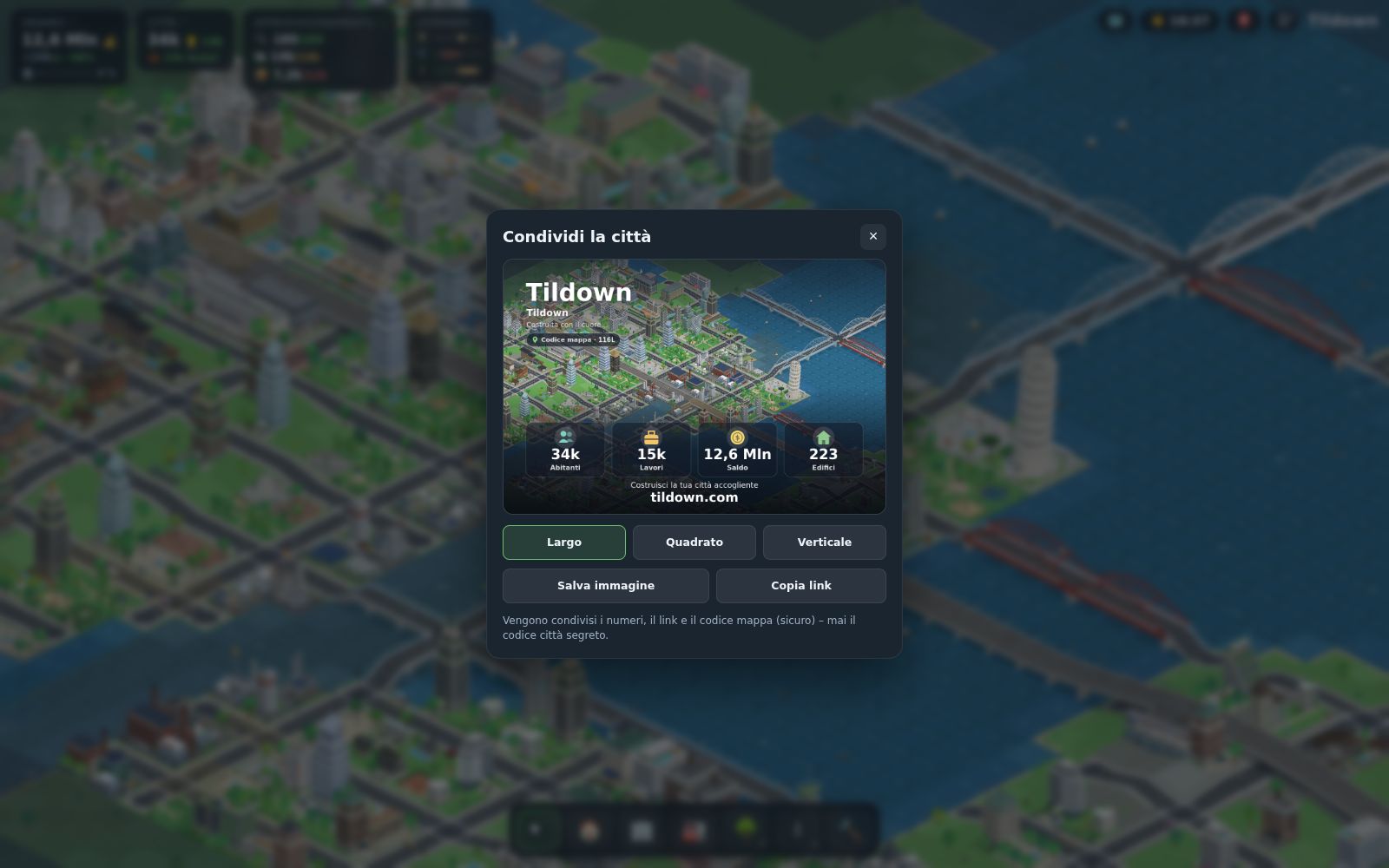 Tildown: la finestra «Condividi la città» con una cartolina della città, tre formati e la nota che si condividono solo dati, link e codice mappa, mai il codice città.
