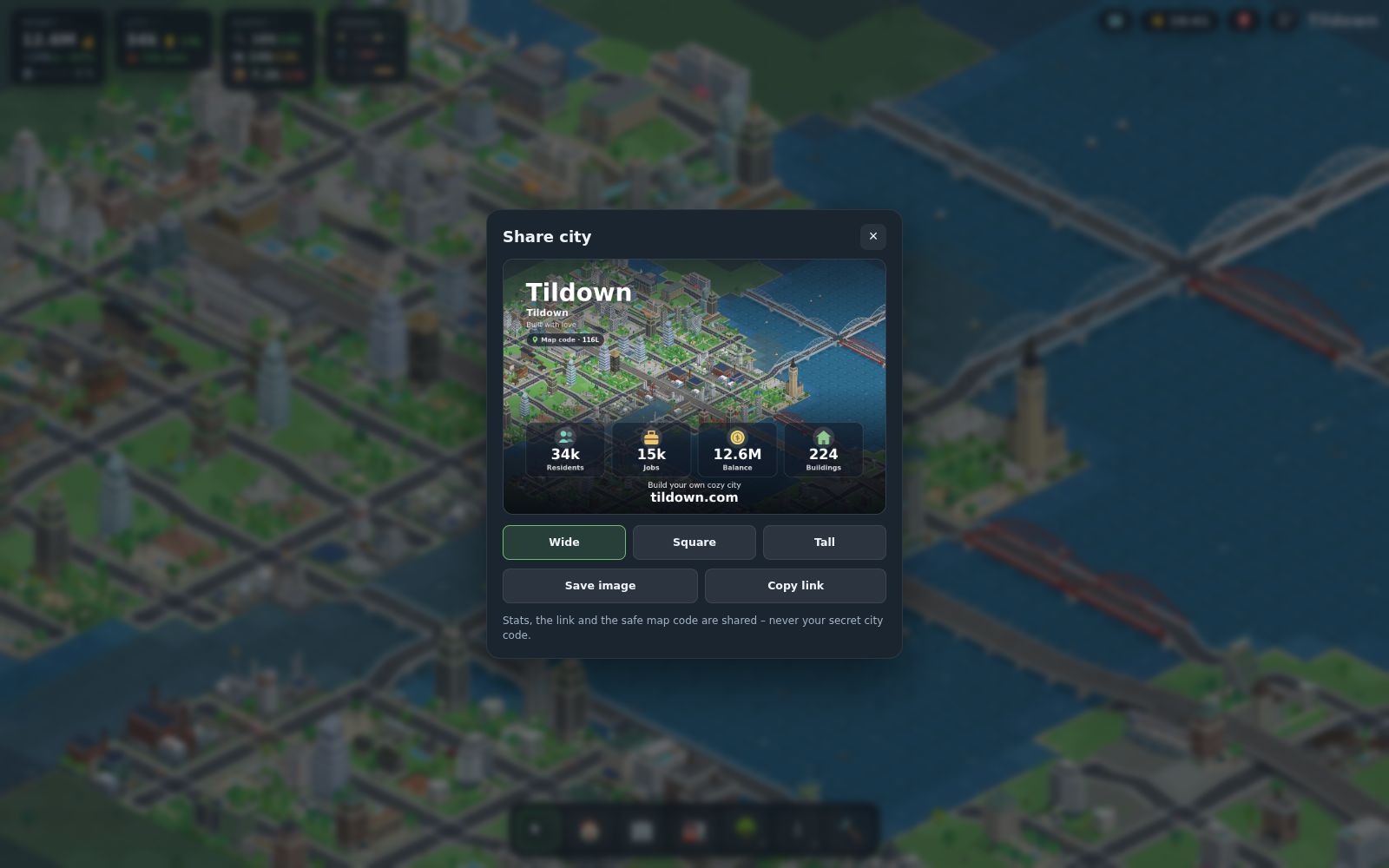 Tildown: the “Share city” window with a postcard of the city, three formats and the note that only stats, link and map code are shared, never the city code.